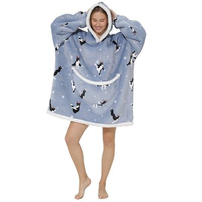 China Amazon PORTABLE hot sale blue cartoon printing wearable sherpa hoodie cover for adult indoor or outdoor for sale