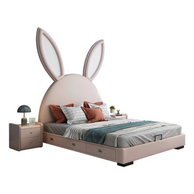 China Environmental Material Solid Wood Frame With Drawer Storage Function Bed 1.2 1.5m Cute Leather Cartoon Rabbit Bed Kids Toddler Bed for sale