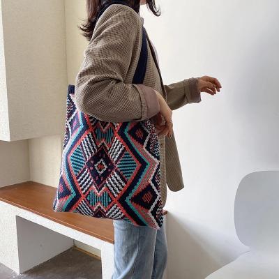 China 2022 Lady's Aztec Knitting Gypsy Bohemian Boho Top-Handle Female Tote Bag Woolen Open Shopper Chic Everyday Crochet Shoulder Bag for sale