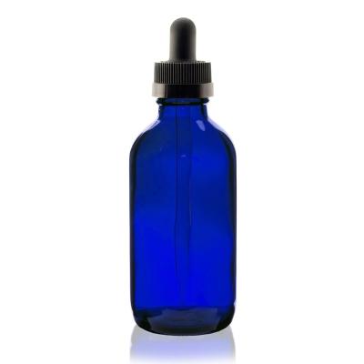 China 4oz0120ml Coalt Boston Cosmetic Blue Round Glass Bottle With Dropper Spray Pump for sale