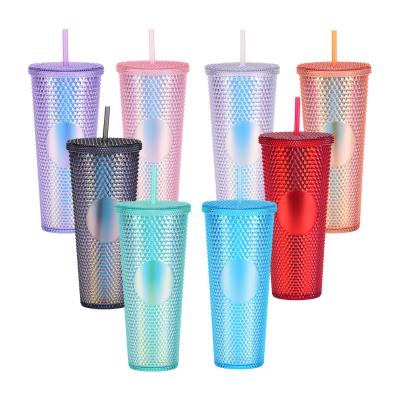 China Hot Sale 24OZ Double Wall Mug Viable Acrylic Reusable Light Blue Black Matte Plastic Studded Tumbler With Straw for sale