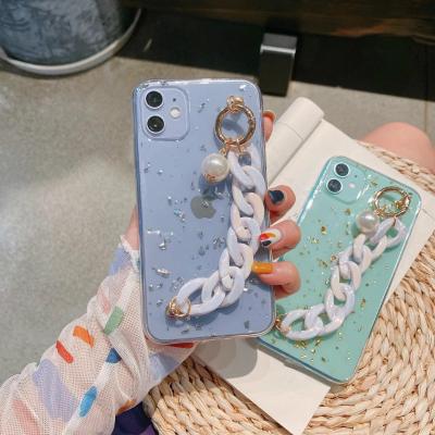 China Simple Light Weight Solid Color Gold Foil Glitter With Transparent Bracelet Marble Drop Glue Mobile Phone Case For iPhone 11 pro for sale