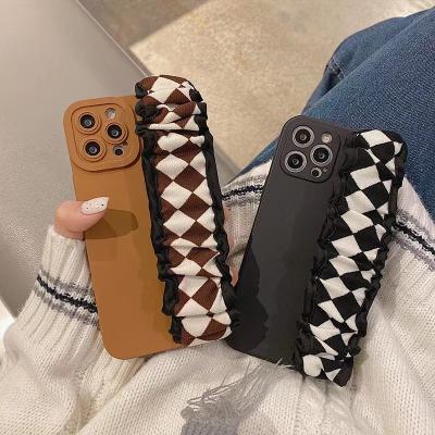 China Anti-fall brown tpu camera protection anti gravity winter plush wristband girl cell phone bags for iphone 13 pro max phone case for sale