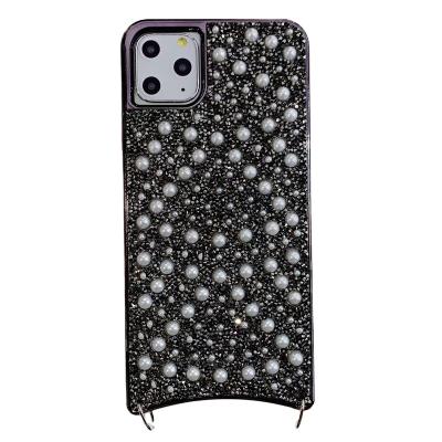 China luxury Anti-fall women pearl unique glitter diamond tpu necklace shoulder strap phone case electroplating with strap for iphone 13 case for sale