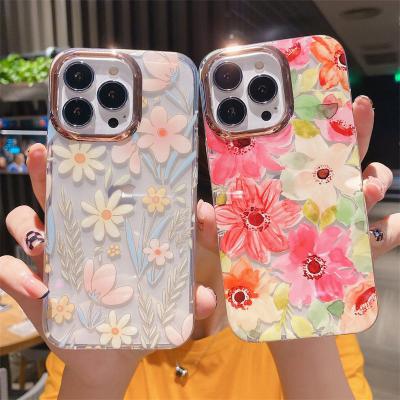 China anti-drop cute pink girl customize imd flower transparent thin camera cover cell phone electroplating bags for iphone 13 case for sale