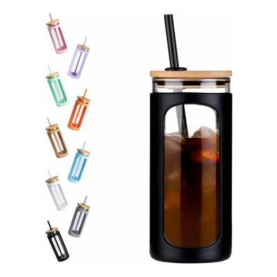 China Desktop With Bamboo Lid Reusable Wide Mouth Smoothie Cup Straw Silicone Protective Sleeve Iced Coffee Mug Glass for sale