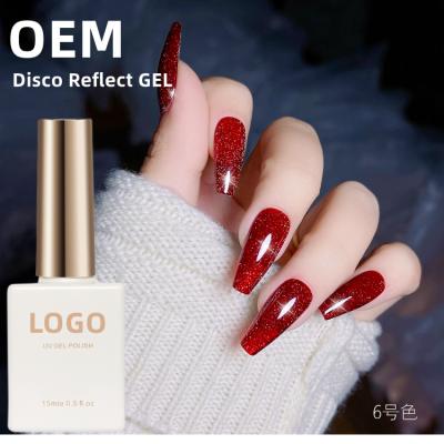 China Professional Nail Art Beauty OEM 15ml Disco Nail Gel Polish Glue 8 Colors Shiny Gel Effect Flashing Sparkle Soak Off UV/LED Nail Reflect Gel FREEZE for sale