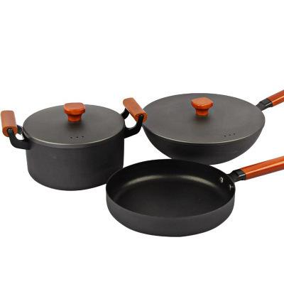 China Gift Viable Pot Set King Factory Wholesale Return Three-piece Pot Thick Old Wok Flat Iron Wok Soup Stove for sale