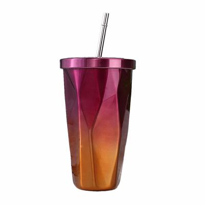 China Durable Stainless Steel Double Cup With New Gradient Color Mug Thermos Diamond Shaped Cup Straw Type for sale