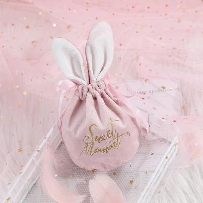 China Lovely Colorful Drawstring Wedding Favors Treat Pockets Bunny Rabbit Ears Basket Candy Velvet Easter Candy Bags Easter Bunny Bag for sale