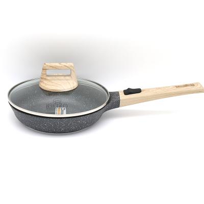 China Newest Sustainable Wooden Detachable Handle Die Cast Aluminum Frying Pan With Lid Glass Frying Pan for sale