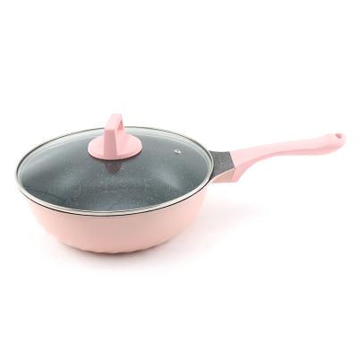 China Sustainable Household Pink Color Household Wok Pan Chinese Wok Die Casting Aluminum Woks With Induction Bottom for sale