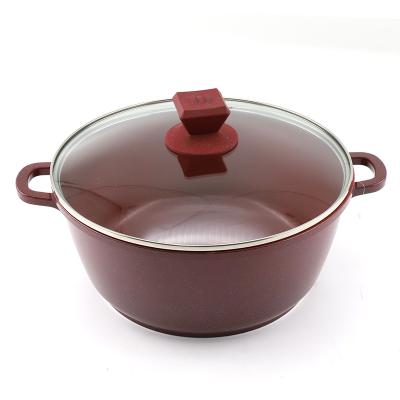 China Sustainable new type red marble liner die cast aluminum round cookware pot with touch marble knob for sale