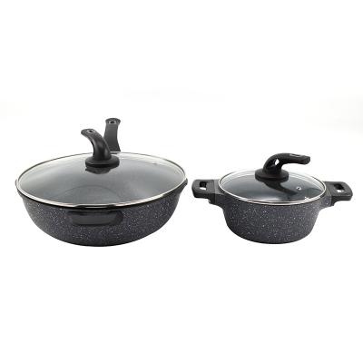 China Sustainable 4PCS Die Casting Aluminum Non-Stick Cookware Set Marble Wok and Casserole for sale