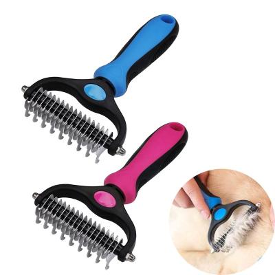 China Durable Stainless Steel Pet Hair Remover Double Sided Groom Grooming Brush Blades Fur Dematting Trimmer Deshedding Brush Pet Hair Tool for sale