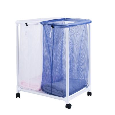 China Contemporary 2 Section Folding Mesh Laundry Basket Plastic Sorter Cart With Wheels for sale