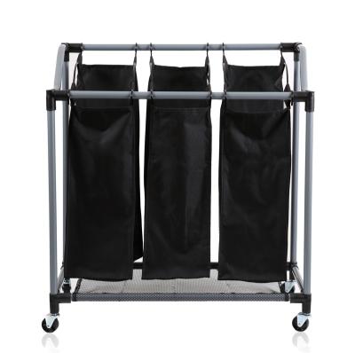 China Contemporary Heavy Duty Rolling 3 Bag Laundry Trolley Durable Foldable Sorter On Wheels for sale