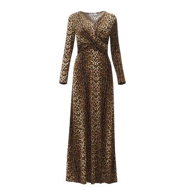 China Breathable Animal Leopard Print Long Sleeve Dress Casual Swing Pleated Dress For Women And Ladies for sale