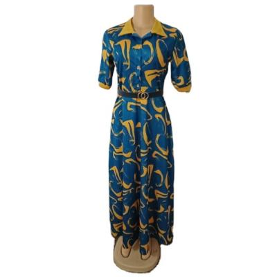 China New Arrival Fashion Anti-Wrinkle Muslim Women Dress Floral Long Turn Down Collar Maxi Slim Dress Short Sleeve for sale