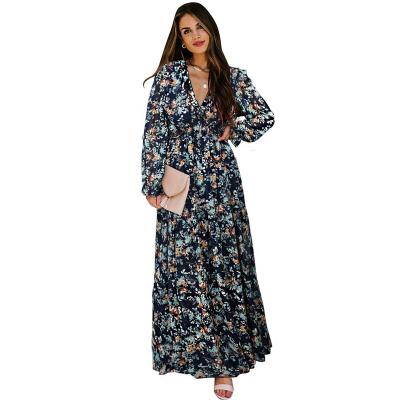 China High Quality Popular Muslim Deep Waist V-Neckline Women's Anti-wrinkle Long Dress Long Sleeve Maxi Dress for sale