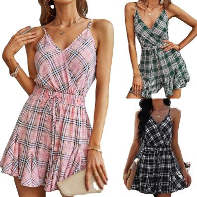 China Women One Piece Cami Jumpsuit Sex Anti-static Custom Strap Waist Trimming Romper Plaid Pattern Makers Clothing Jumpsuit for sale