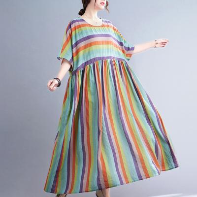 China 2022 Summer Anti-wrinkle Dropshipping Fashion V-neck Color Stripe Printing Women's Casual Breathable Dress for sale