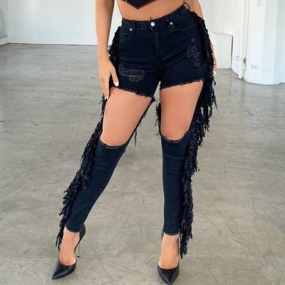 China BL21S2114 2021 Breathable Black Color Ladies Tassel Jeans Denim Pants With Hole Trousers Women for sale