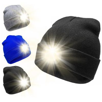 China COMMON LED Beanie Hat with Lightweight Unisex USB Rechargeable Hands Free 4 LED Headlight Winter Knitted Night Lit Hat Flashlight for sale