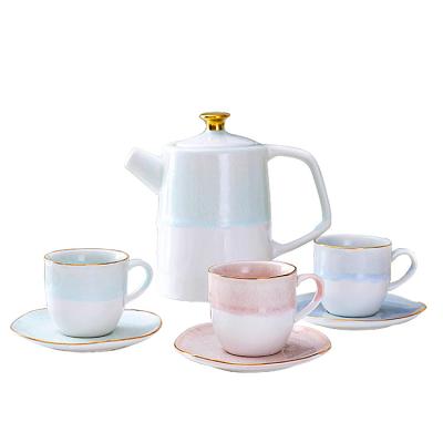 China Viable Hotel Nordic Custom Wedding 6 Cups Saucer Teapot Pure And Elegant Rose Gold Rim Design Blue Green Ceramic Coffee Set for sale