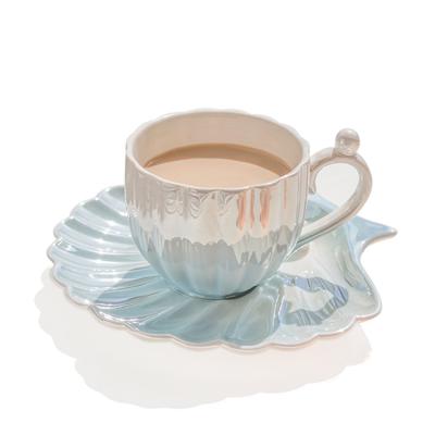 China Viable Graceful Pearl Glazed Ceramic Cup And Saucer Set Of Cups Luxury Nordic Style Cappuccino Cup Latte Coffee Cup for sale