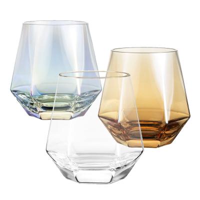 China Hexagon Plated Tilted Crystal Whiskey Tumblers Old Fashioned Bourbon Tumbler Glasses Around Rotating Glass Wine Cup for sale