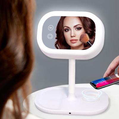 China Factory Sale LED Lighted Makeup Mirror With Wireless Charger Table Makeup Mirror Light Desk Mirror for sale