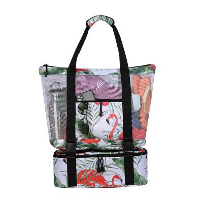 China Multifunctional digital printing 2 in 1 beach bag &cooler bag double-layer mesh fabric picnic bag for sale