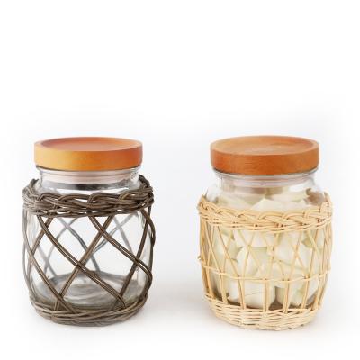 China Unique Design Woven Decorative Airtight Wooden Lid Glass Jars Freshness Preservation for Food Storage Home Kitchen Use for sale