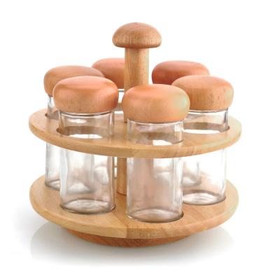 China Sustainable Rubber Wood 6pcs Spice Rack With Rotating Jars Spice Rack Set for sale