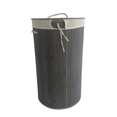 China Household Tidy Living Folding Brown Color Round Folding Bamboo Folding Laundry Basket With Laundry Bag And Lid for sale