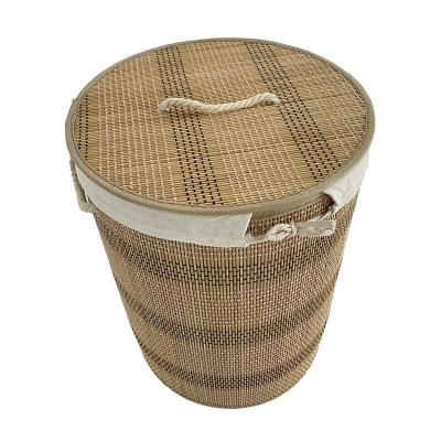 China Household Tidy Living Folding Natural Color Round Folding Bamboo Folding Laundry Basket With Laundry Bag And Lid for sale