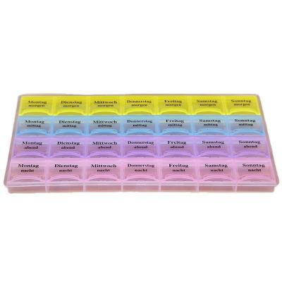 China Classic Cheap Custom Weekly 28 Compartment Pill Box Medicine Organizer Seven Day Pill Storage for sale