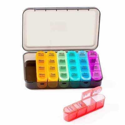 China high quality portable medicine box dust and moisture proof 28 grid black and colorful 7 day pill box organizers YX-040 041 042 for sale