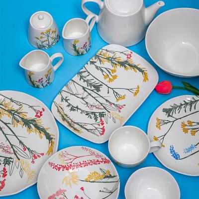 China Sustainable Ceramic Flowers Rectangular Dessert Dishes Set Plates Plate For Cake Appetizer Dish for sale