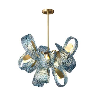 China Factory Home Art Light Blue Flower Glass Postmodern Lighting Chandelier for Living Room for sale