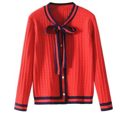 China OEM ODM Factory Customized Wholesale Ladies Anti-pilling Embroidered Logo Bow Neck Cable Knit Sweater Cardigan for sale