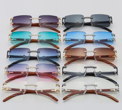 China Punk 2022 Rimless Wooden Eyewear Women Vintage Sun Glass Fashion Rhinestone Trendy Newest Square Luxury Women's Sunglasses for sale