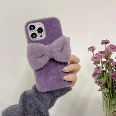 China Luxury Unique Purple Bow Plush Fur Fluffy Phone Case Shockproof Girl Phone Case For iPhone 13 Pro Max for sale