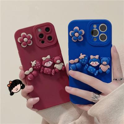 China New Design Shockproof Girl Liquid Silicone 3D Cute Cartoon Flower Bear Phone Case For iPhone Samsung Mobile for sale