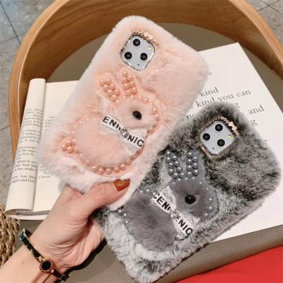 China New Cute Fluffy Plush Girl Bling Diamond Cover Cute Fluffy Plush Fur Rabbit Cartoon Shockproof Phone Case For iPhone 13 for sale