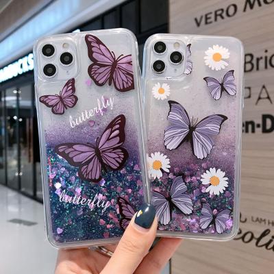 China Anti-fall luxury designer flower phone case butterfly glitter quicksand transparent phone case cover for 13 pro max for sale