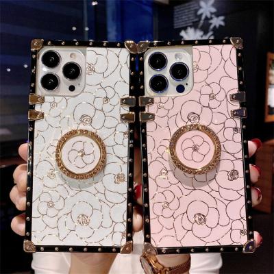 China New Fancy Women Shockproof Trunk Phone Case Diamond Ring Holder Cover Bling Flower Glitter For iPhone for sale