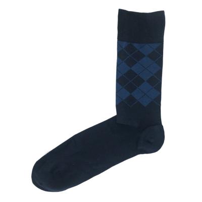 China Breathable Plaid Combed Cotton Knitted Custom Dress Socks Deep Blue Mens Crew Socks for sale