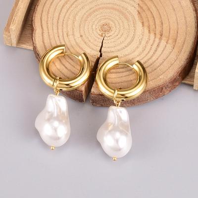 China TRENDY fashion ear drop huggie circle earring 18k stainless steel freshwater gold plated irregular baroque pearl earrings women jewelry for sale